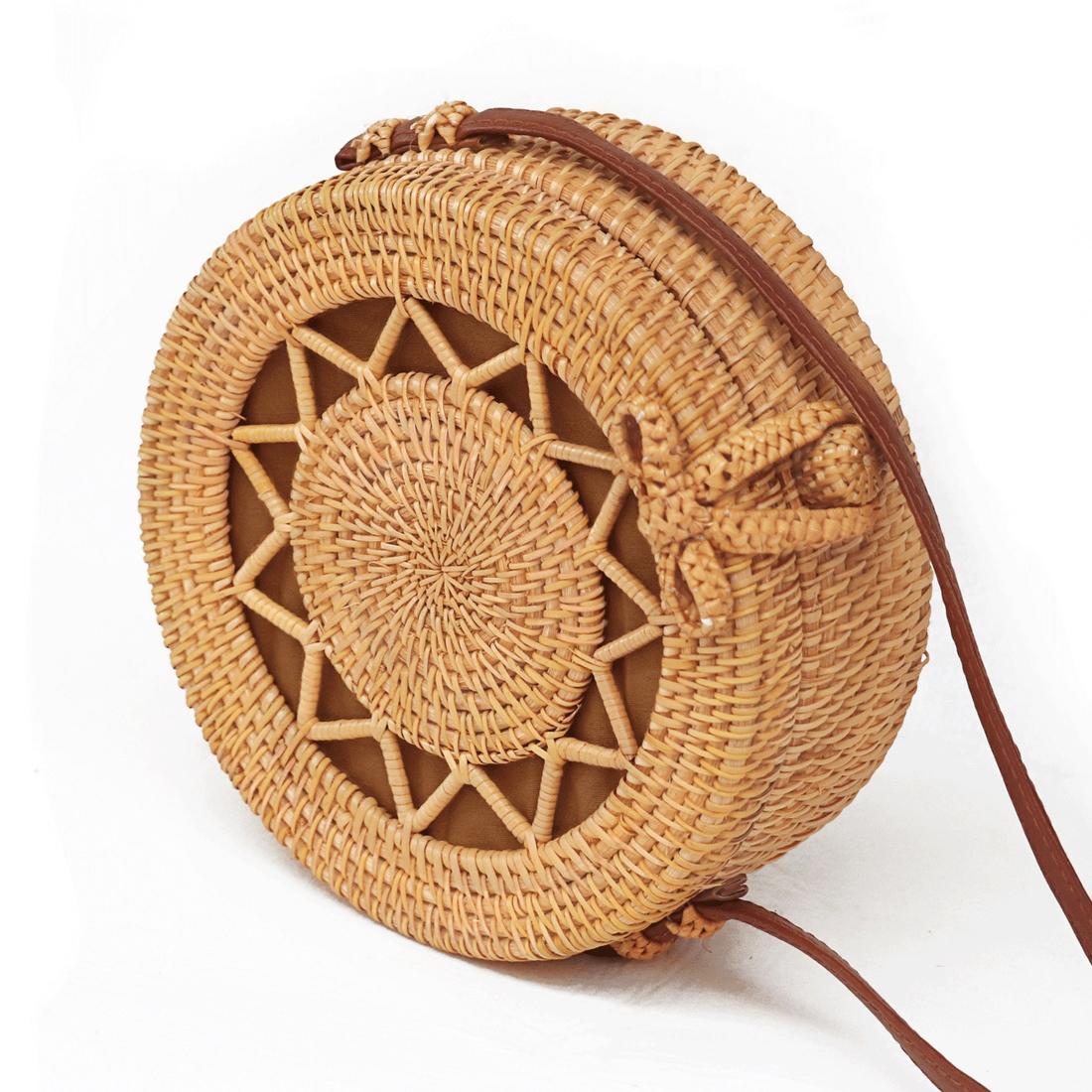 Handmade Rattan Bag Flower Pattern Autumn Design Vintage Art Beach Diagonal Bag 20X20X8Cm