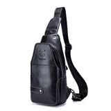 Men Leather Sports Chest Bag First Layer Cowhide - Black - Front View