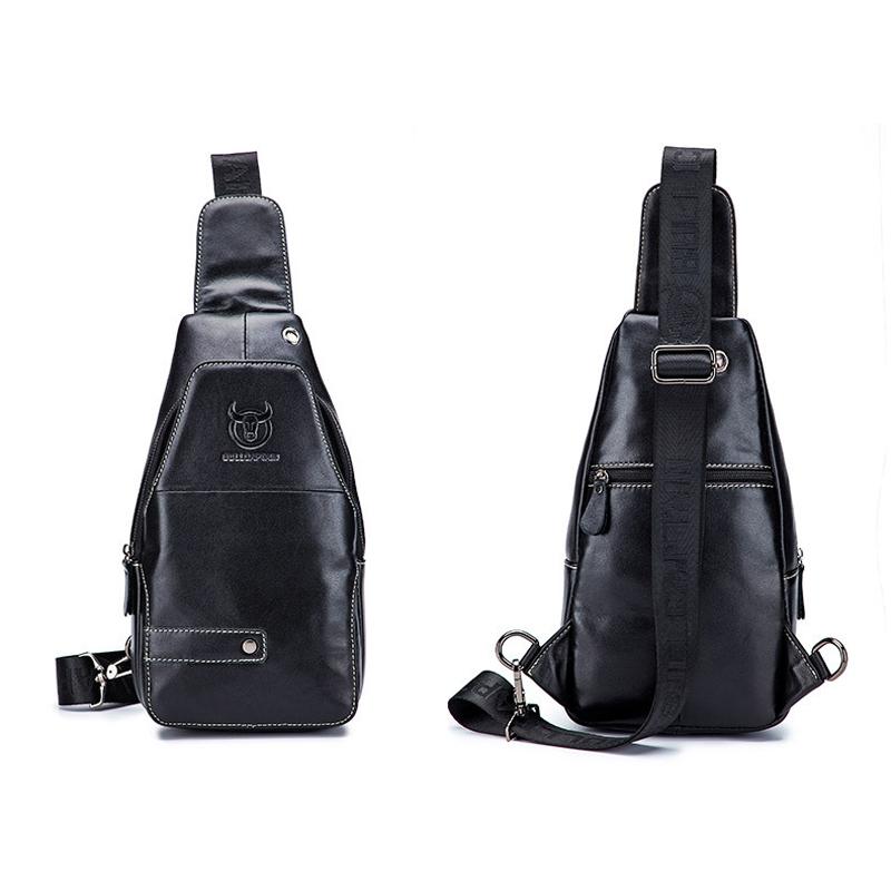 Men Leather Sports Chest Bag First Layer Cowhide - Black