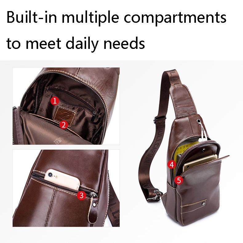Men Leather Sports Chest Bag First Layer Cowhide - Black