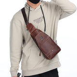 Men Leather Sports Chest Bag First Layer Cowhide - Black