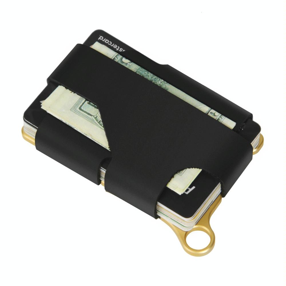 Adjustable Snap Button Wallet Aluminum Alloy & Leather - Black