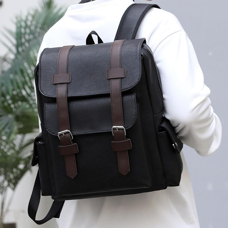 Large Capacity Pu Leather Laptop Backpack For Travel & School - Black