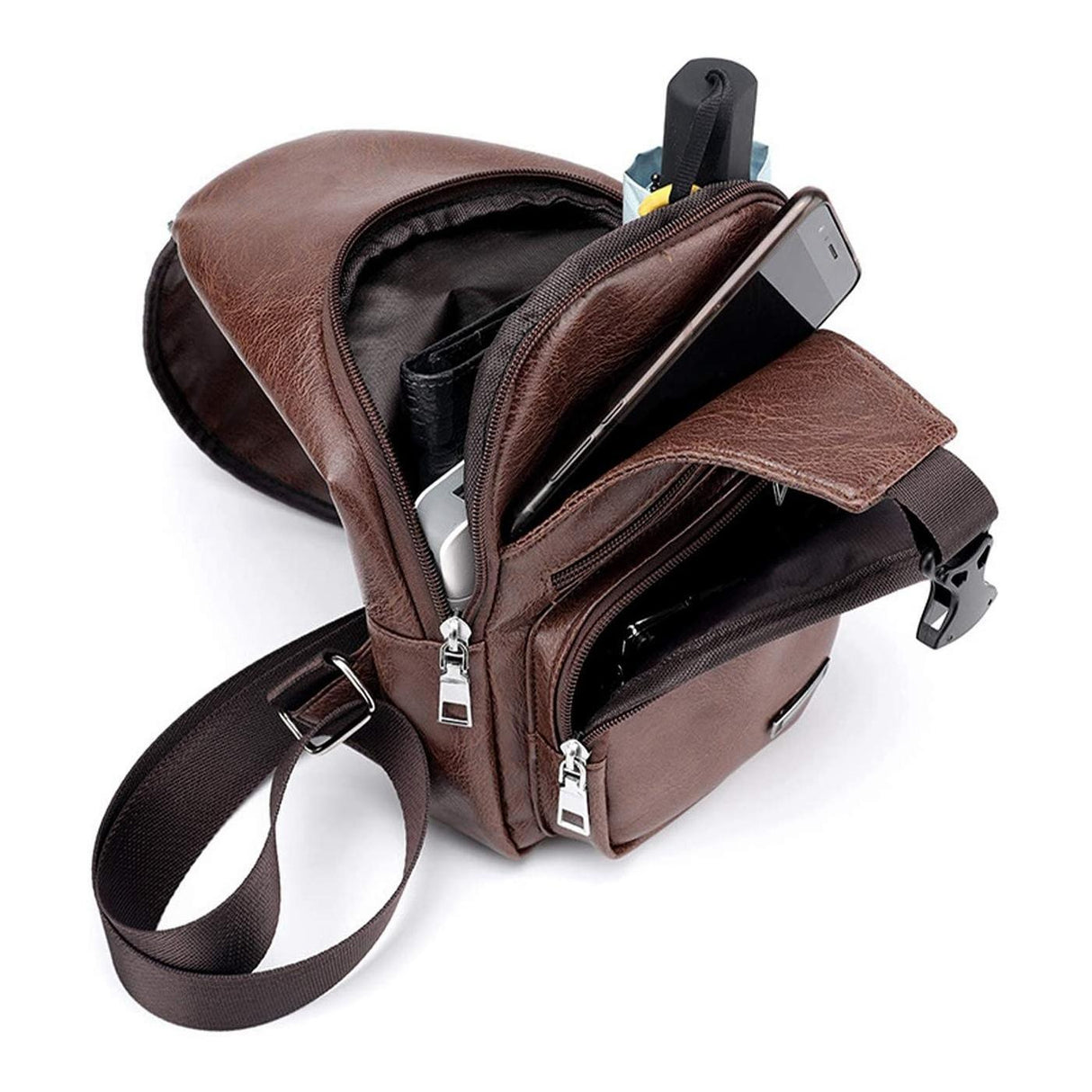 Waterproof Pu Leather Men Chest Bag Usb Port Headphone Hole - Black