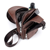 Waterproof Pu Leather Men Chest Bag Usb Port Headphone Hole - Black - Top-Down View