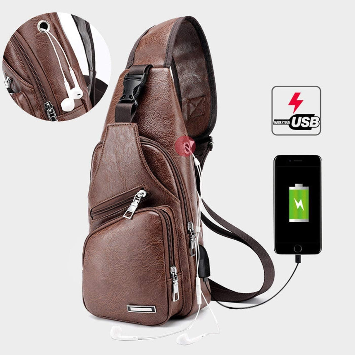 Waterproof Pu Leather Men Chest Bag Usb Port Headphone Hole - Black