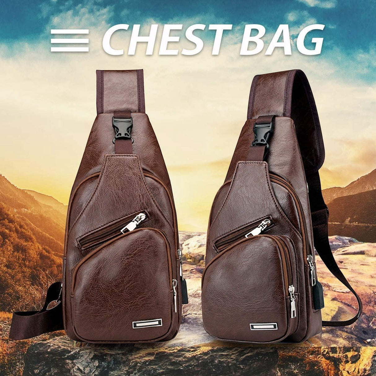 Waterproof Pu Leather Men Chest Bag Usb Port Headphone Hole - Black