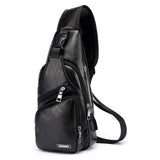 Waterproof Pu Leather Men Chest Bag Usb Port Headphone Hole - Black