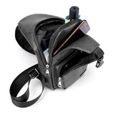 Waterproof Pu Leather Men Chest Bag Usb Port Headphone Hole - Black