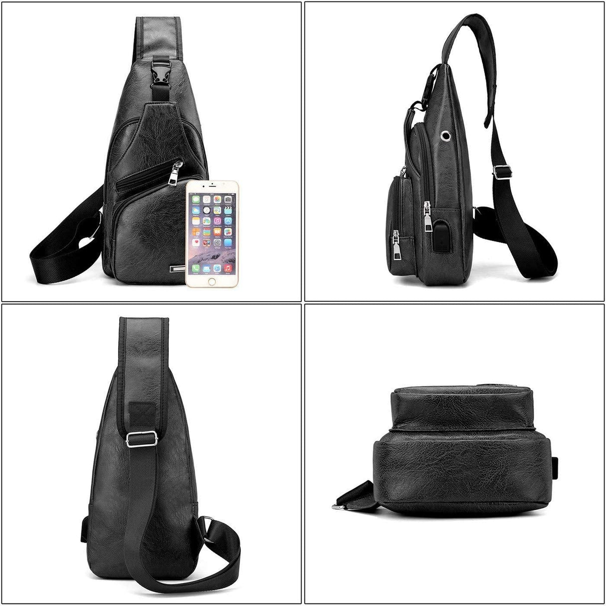 Waterproof Pu Leather Men Chest Bag Usb Port Headphone Hole - Black