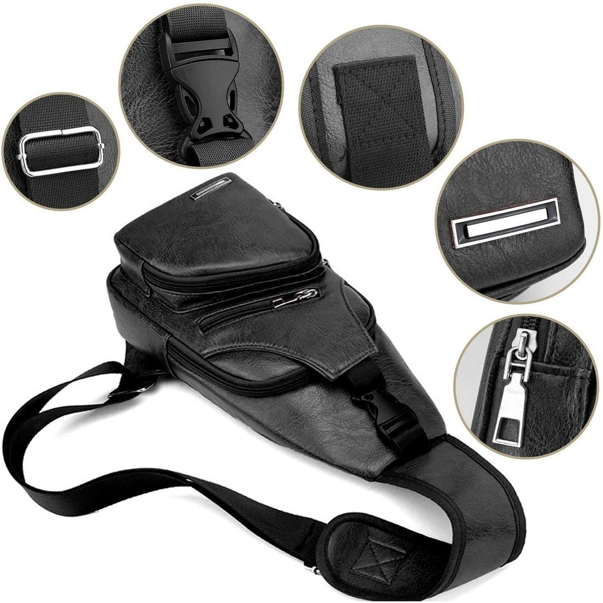 Waterproof Pu Leather Men Chest Bag Usb Port Headphone Hole - Black