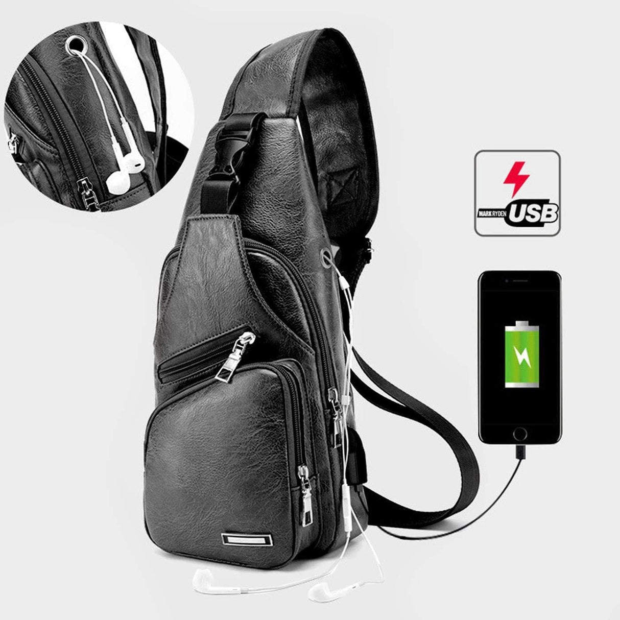 Waterproof Pu Leather Men Chest Bag Usb Port Headphone Hole - Black