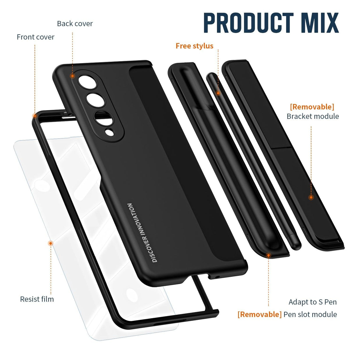 For Samsung Galaxy z Fold4 5G Samsung Galaxy z Fold4 2-in-1 Detachable Folding Case with Holder & Pen Slot - Black