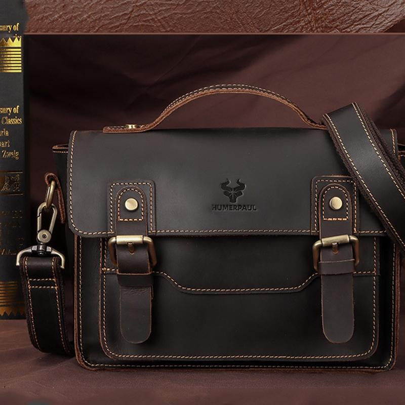 Retro Leather Men Crossbody Bag Small Square - Brown