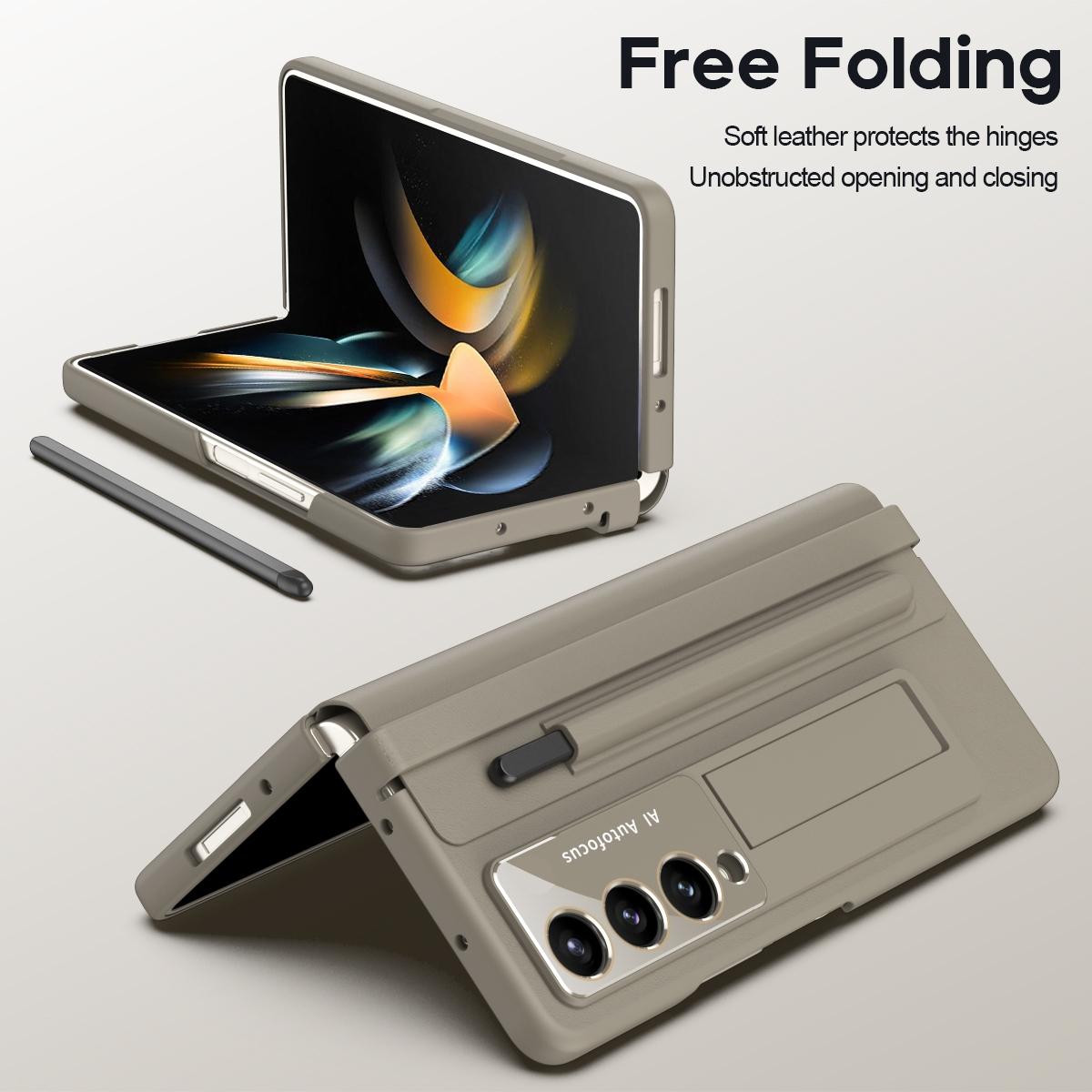 For Samsung Galaxy Z Fold4 5G Phone Case With Pen Slots - Full Coverage - Light Brown