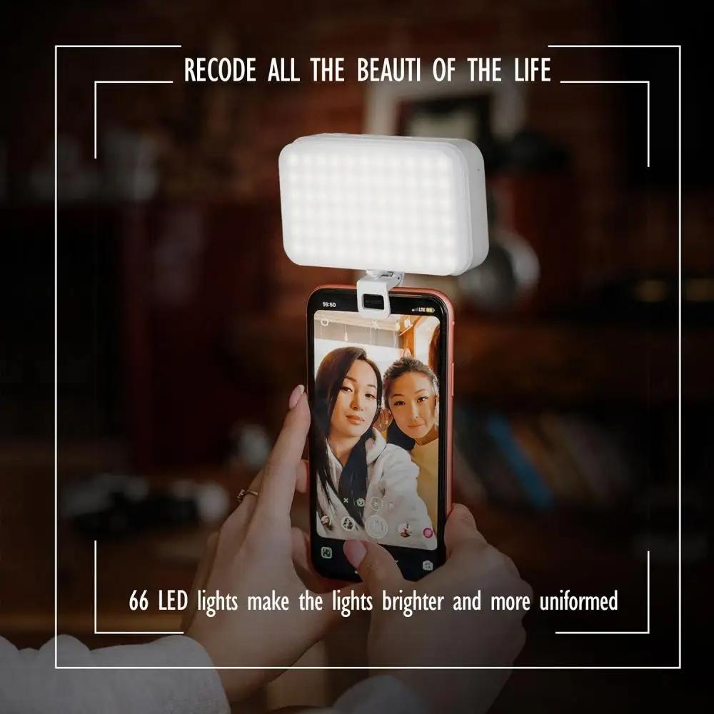 Rechargeable Clip-on Selfie Light with 66 Leds - 3 Modes for Phone Laptop Tablet - Black - White