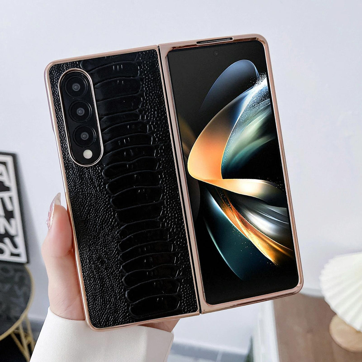 For Samsung Galaxy Z Fold4 5G Genuine Leather Nano Plating Phone Case - Black