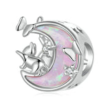 925 Sterling Silver Opal Moon Cat Pendant In Plating - Front View