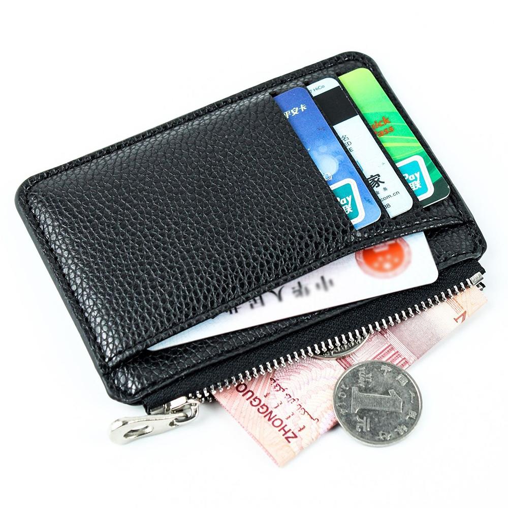 Multi Slot Zipper Card Holder Large Capacity Ultra Thin Coin Purse - Black