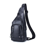 Soft Cowhide Chest Bag For Men Outdoor Casual - Black - Front View