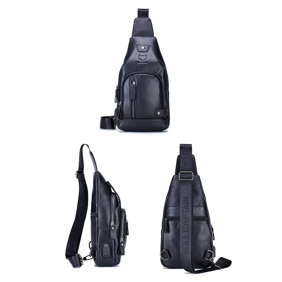 Soft Cowhide Chest Bag For Men Outdoor Casual - Black