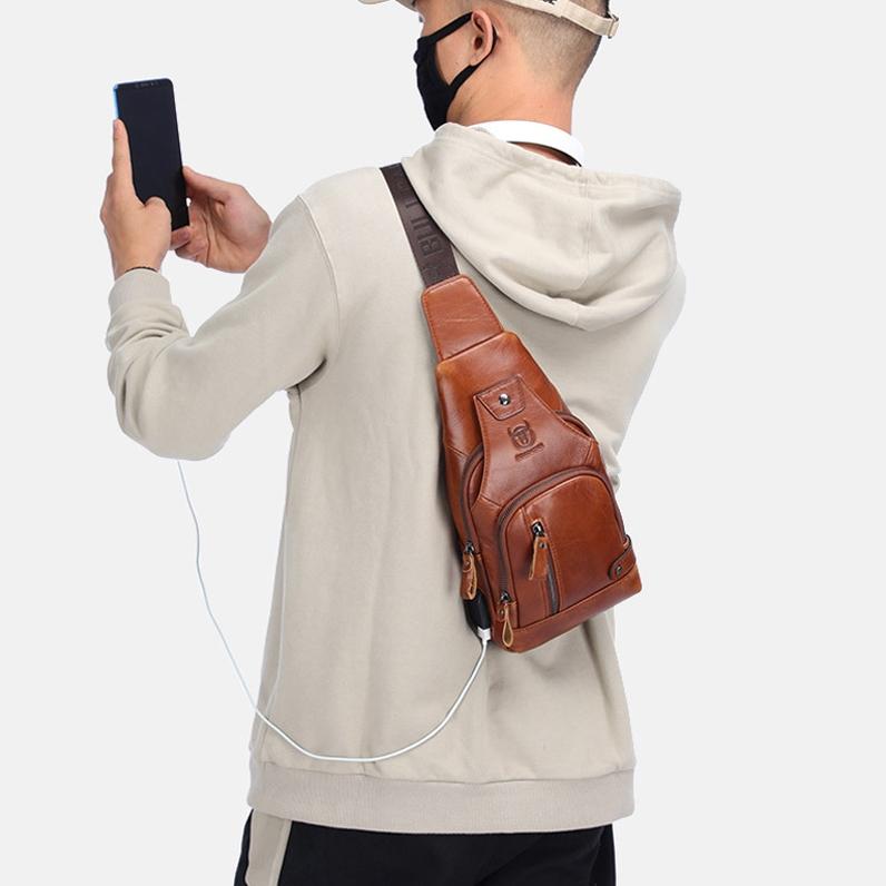 Soft Cowhide Chest Bag For Men Outdoor Casual - Black