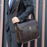 Retro Cowhide Leather Briefcase for 15.6 Laptop - Multifunctional - Coffee - Rear View