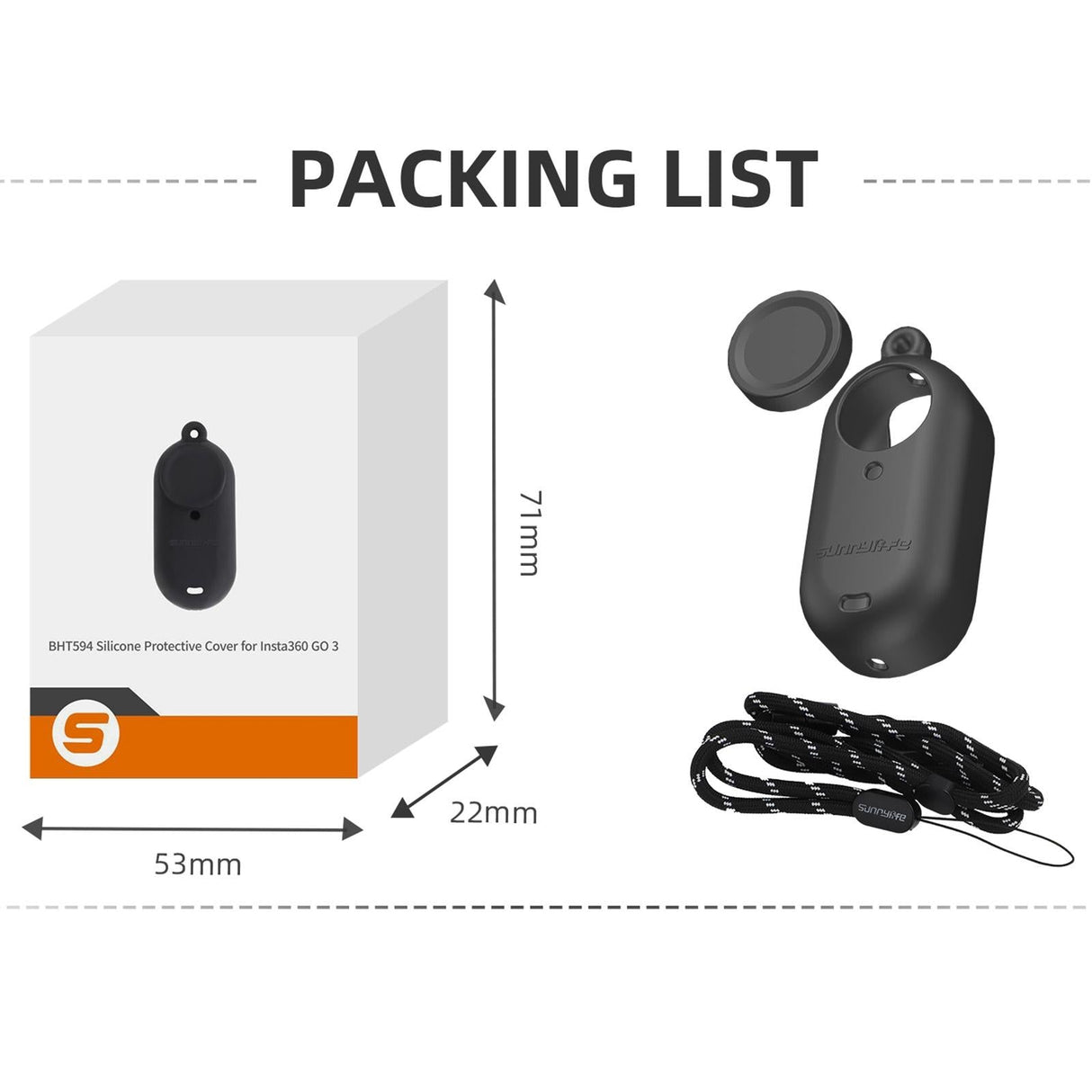 Silicone Camera Body Case with Lens Cap and Neck Strap for Insta360 Go 3 - Black
