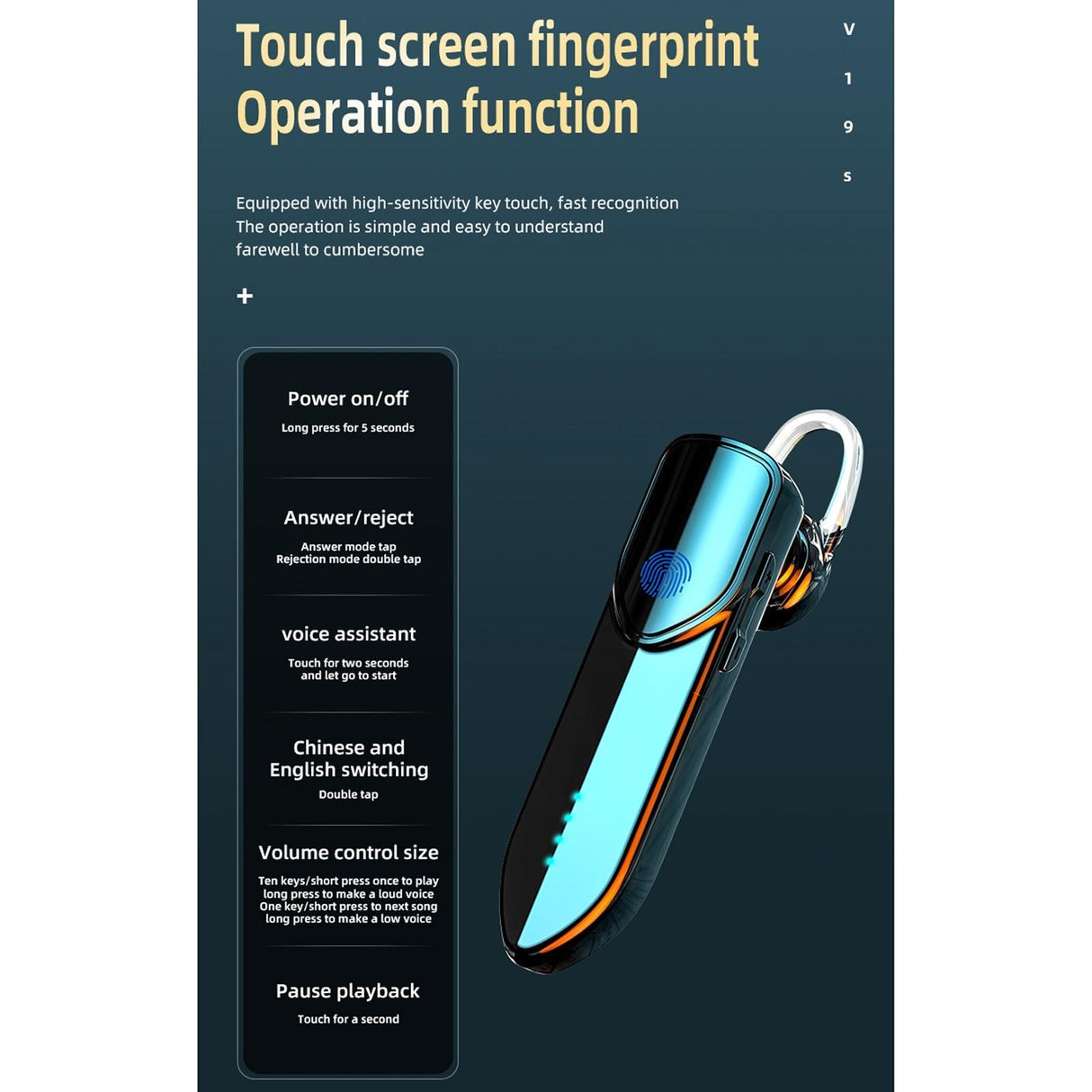 Business Style Bluetooth 5.0 Earphone with Fingerprint Touch - Black