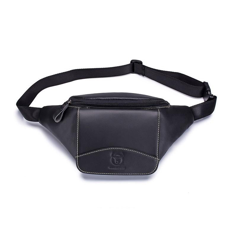 Large Capacity Cowhide Waist Bag For Men - Black