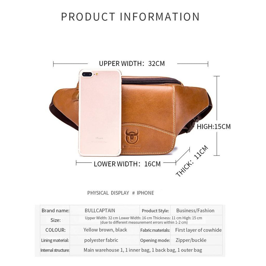 Large Capacity Cowhide Waist Bag For Men - Black