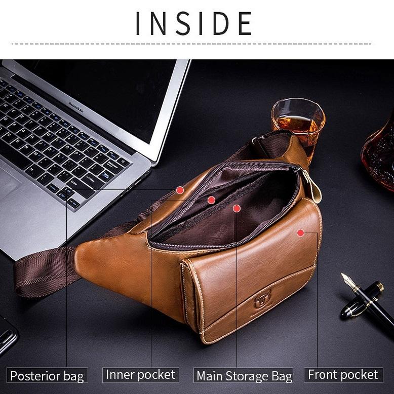 Large Capacity Cowhide Waist Bag For Men - Black