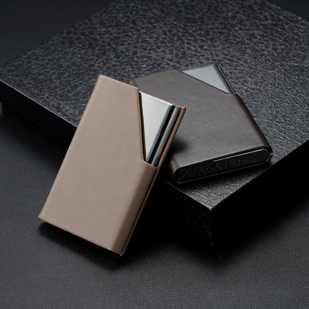 Stainless Steel Business Card Holder Men Leather Clamp - Black