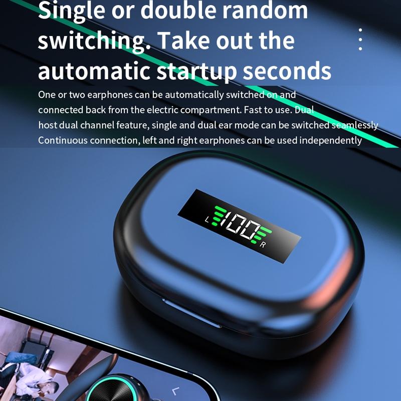 Wireless Bluetooth Earphones with Charging Bin and Digital Display - Black