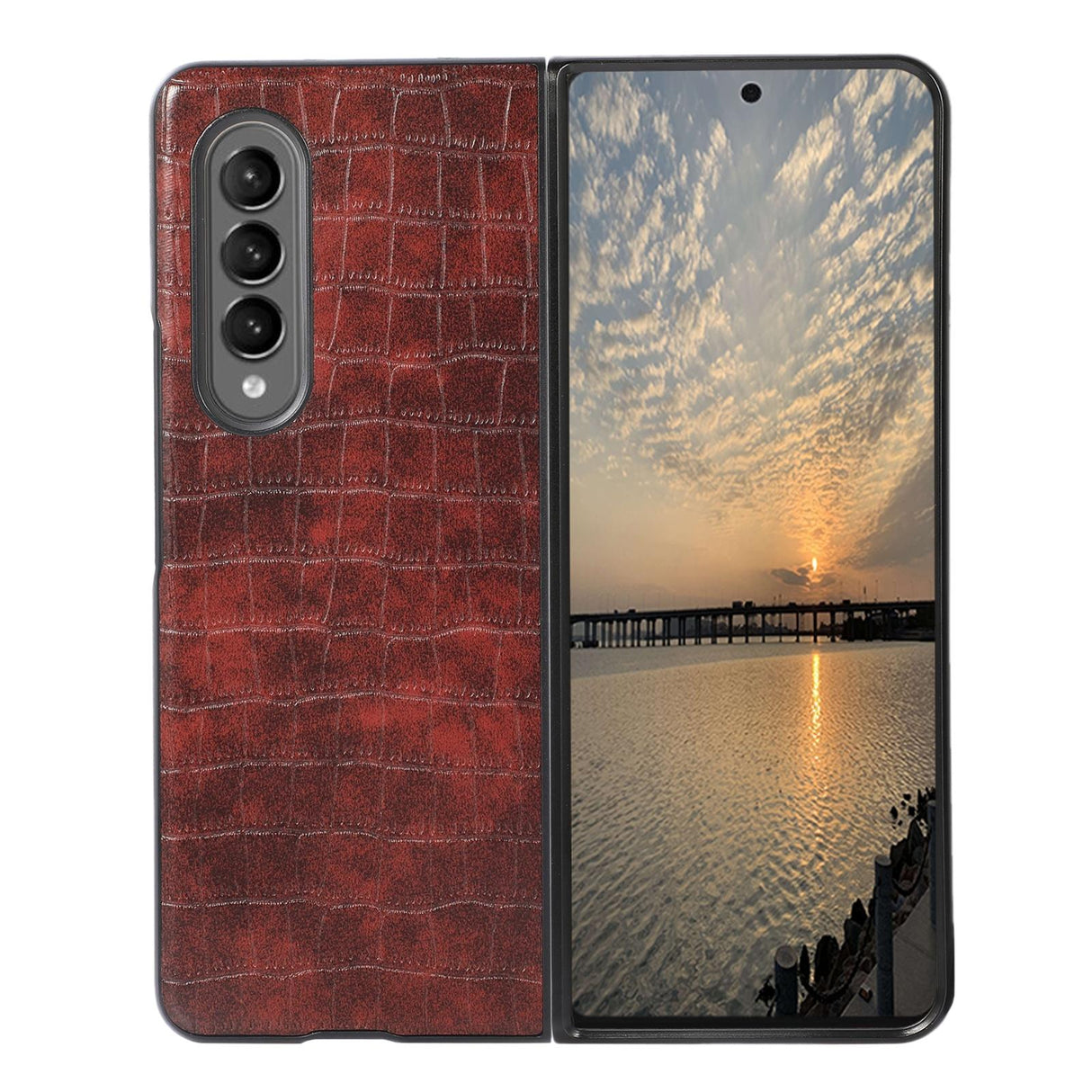For Samsung Galaxy Z Fold4 5G Foldable Crocodile Texture Phone Case - Pu Leather - Black