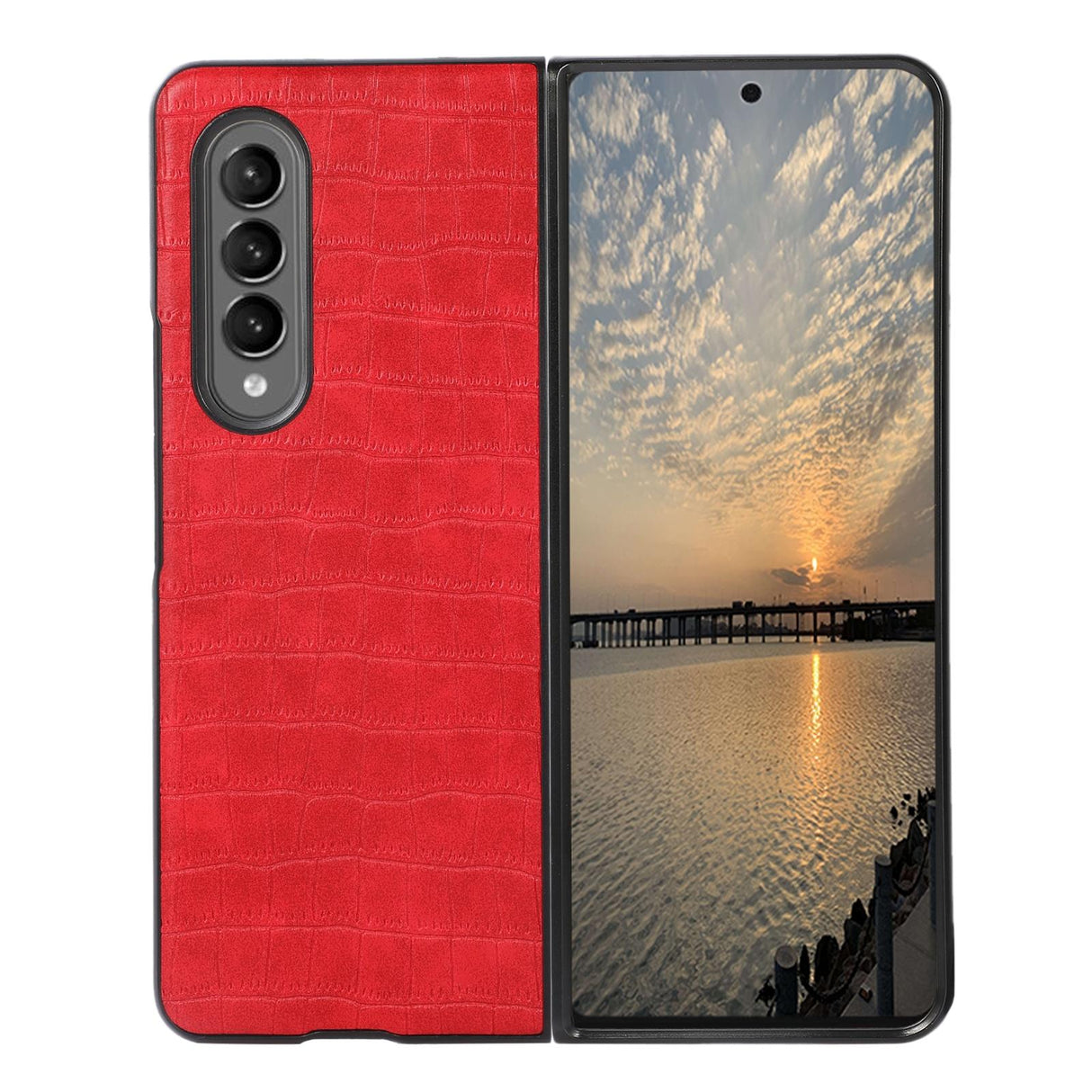 For Samsung Galaxy Z Fold4 5G Foldable Crocodile Texture Phone Case - Pu Leather - Black