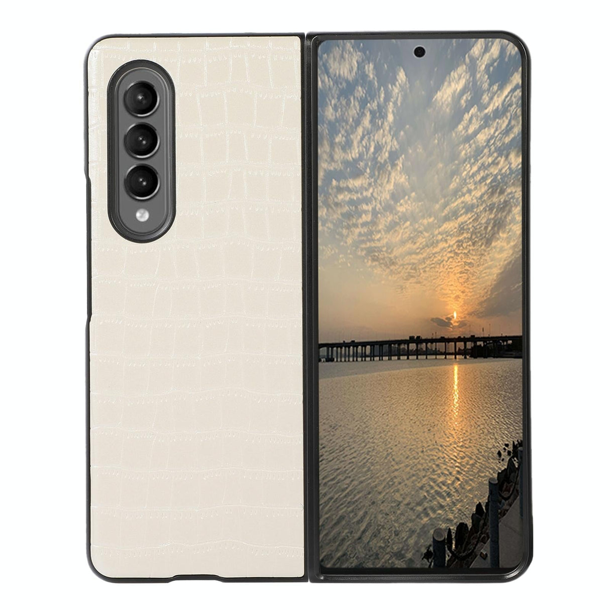 For Samsung Galaxy Z Fold4 5G Foldable Crocodile Texture Phone Case - Pu Leather - Black