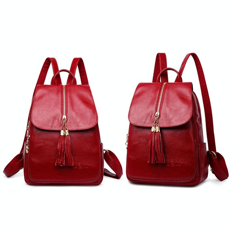 Leather Travel Backpack - Anti-theft Compact - Red