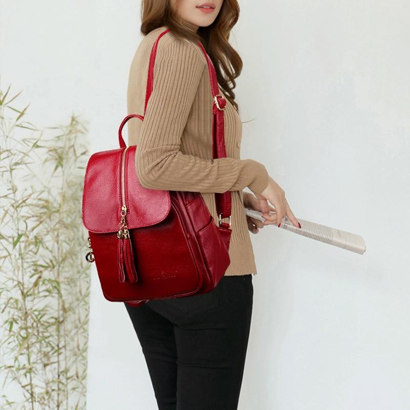 Leather Travel Backpack - Anti-theft Compact - Red