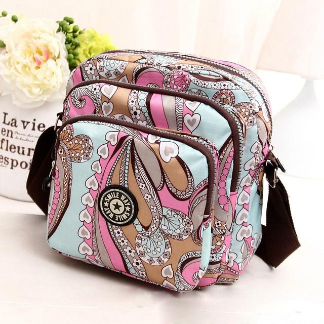Waterproof Nylon Multilayer Crossbody Bag For Women - Purple Flower
