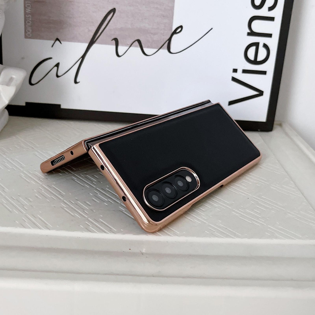 For Samsung Galaxy Z Fold4 5G Xiaoya Series Genuine Leather Plating Case - Black