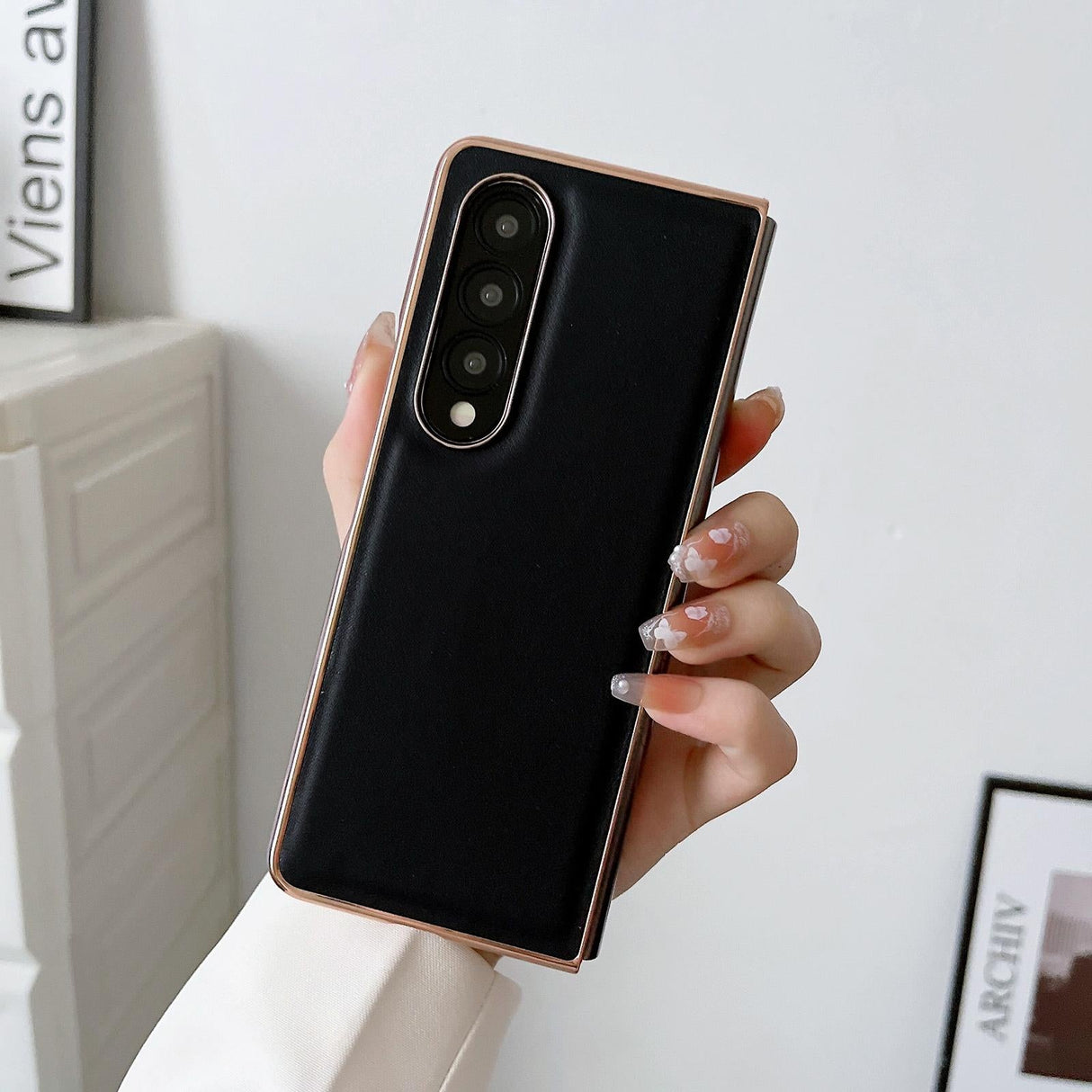 For Samsung Galaxy Z Fold4 5G Xiaoya Series Genuine Leather Plating Case - Black