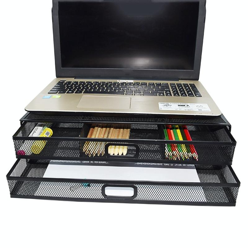 Double Iron Desktop Stand with Drawer for Height Increase and Storage - Black