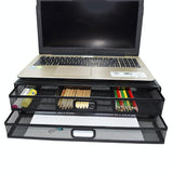Double Iron Desktop Stand with Drawer for Height Increase and Storage - Black - Close-Up Angle
