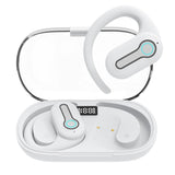 Wireless Stereo Earphones with Charging Case - Hanging Ear Design - Black - Front View