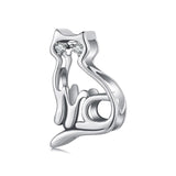 925 Sterling Silver Hollow Cat Beads Cute Animal Accessory - Front View