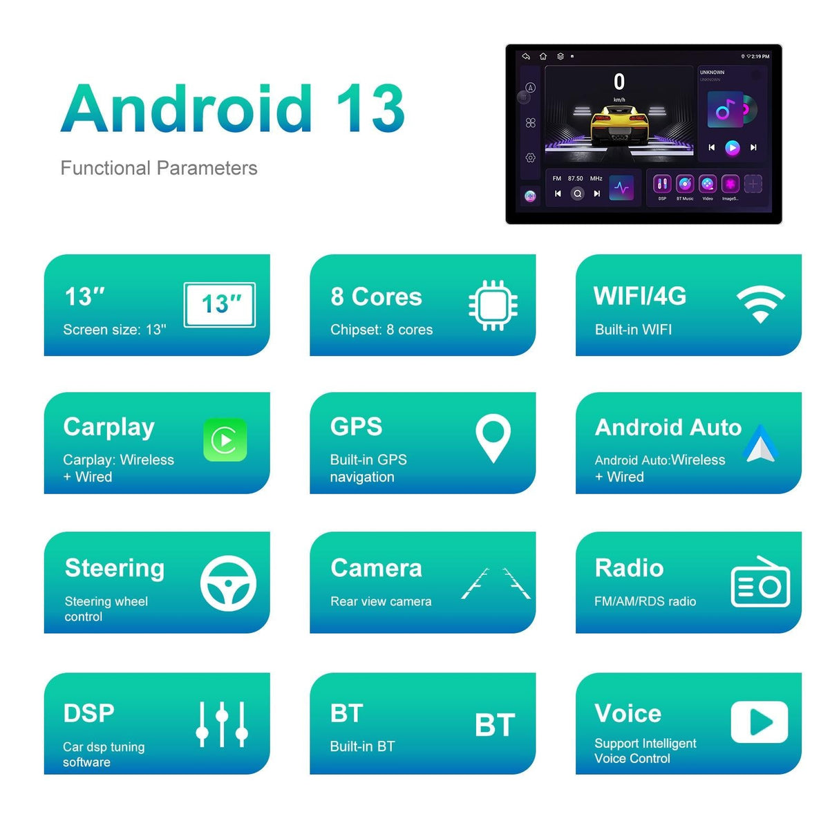 13.1 Inch Android Car Navigator - 4 + 64G - Universal Map - Carplay - Reverse Camera