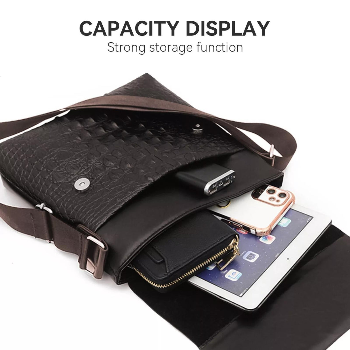 Water Repellent Vertical Leather Shoulder Bag For Men - Black