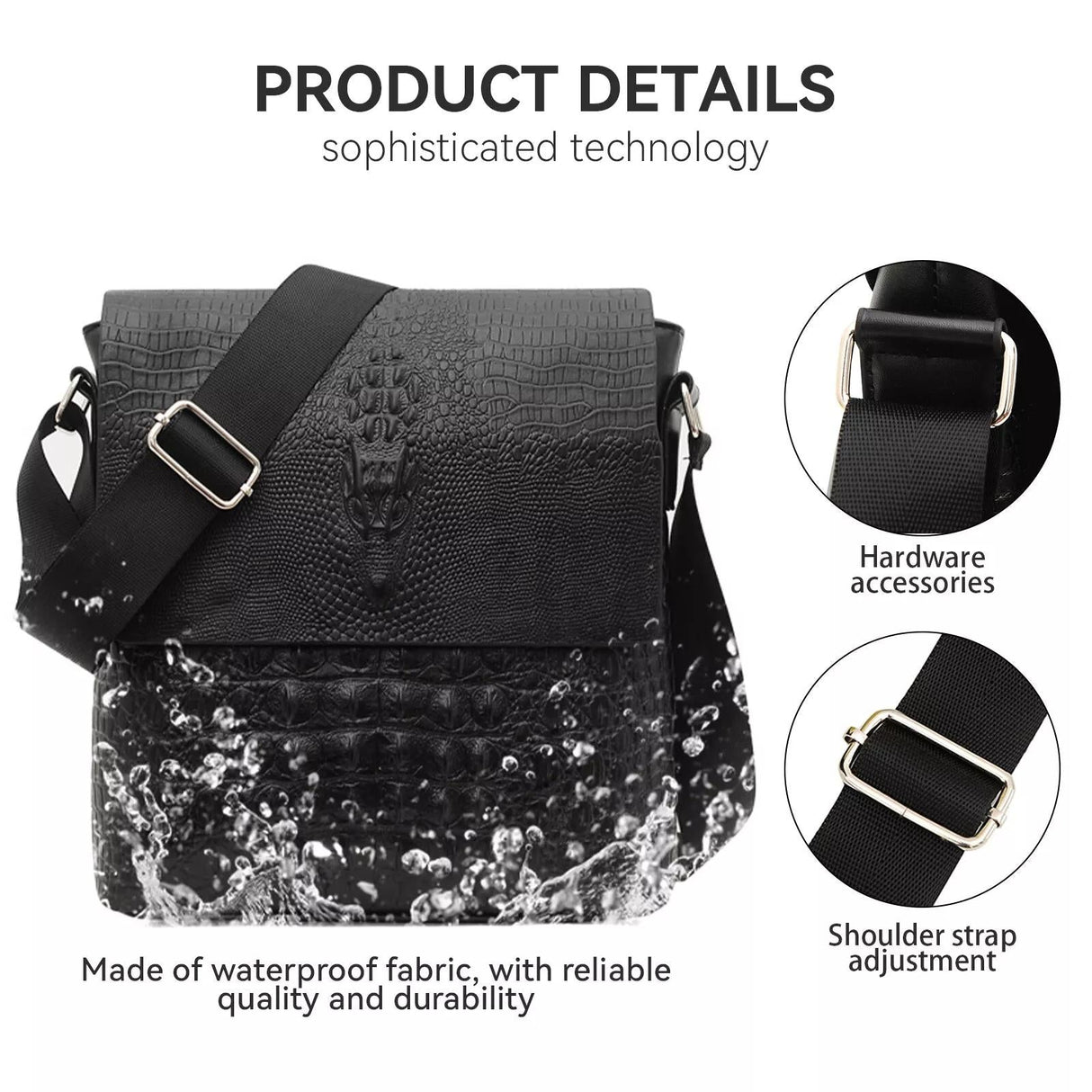 Water Repellent Vertical Leather Shoulder Bag For Men - Black