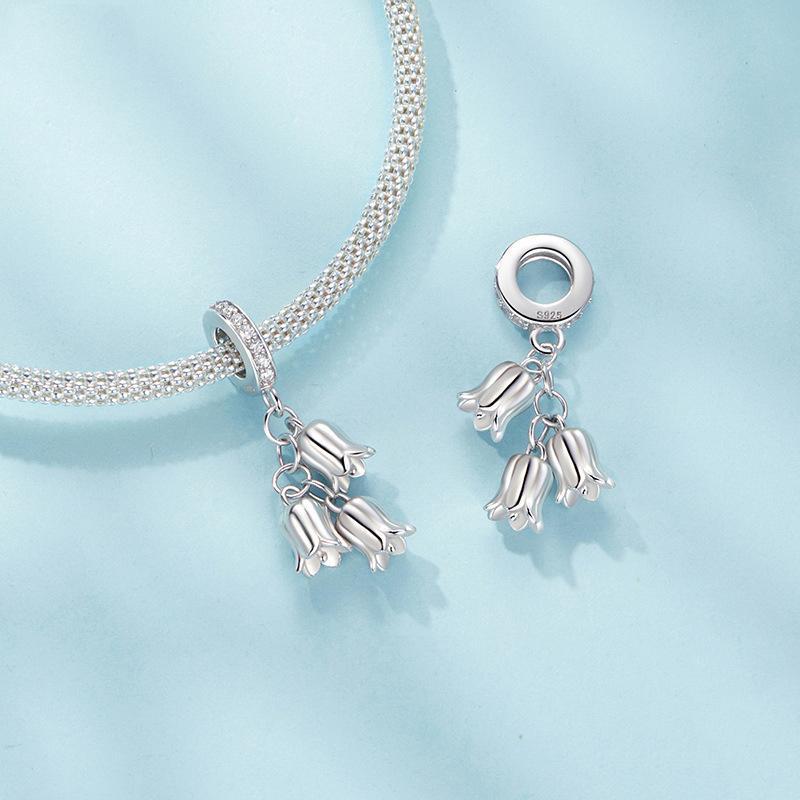 925 Sterling Silver Platinum Plated Lily Of The Valley Bracelet Pendant